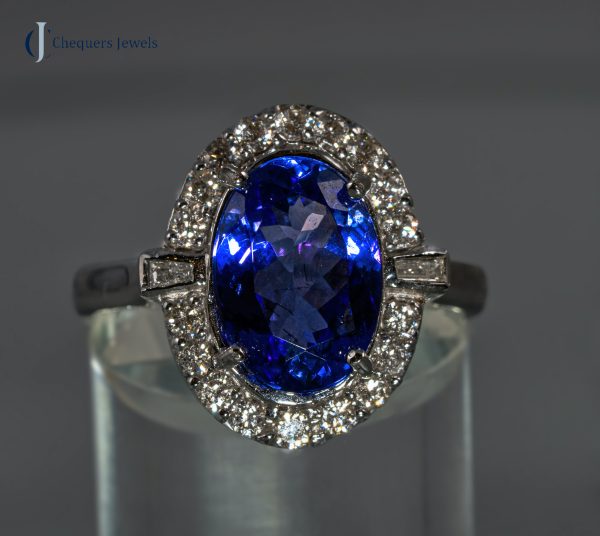 Deep Blue Tanzanite and Diamond Ring