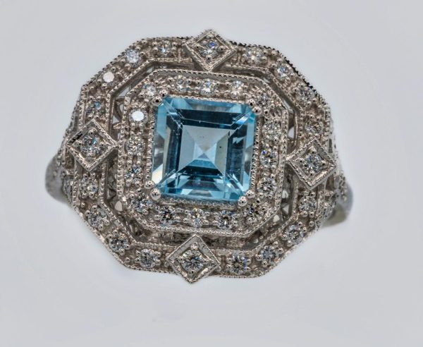 Art Deco Style Aquamarine and Diamond Ring