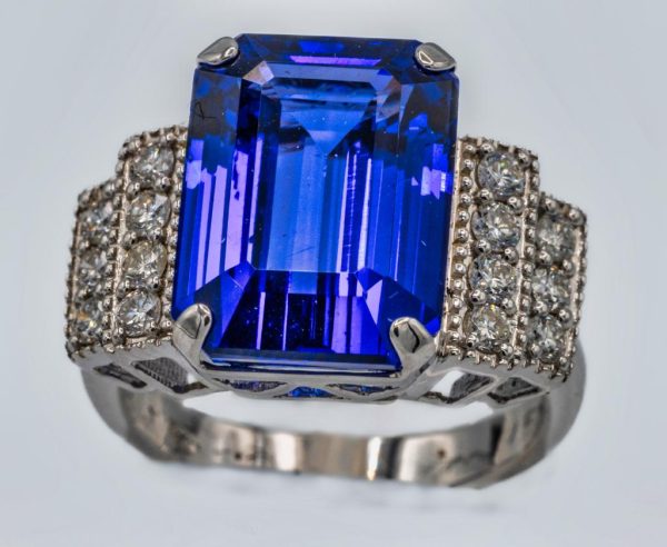 Emerald Cut Tanzanite and Diamond Ring