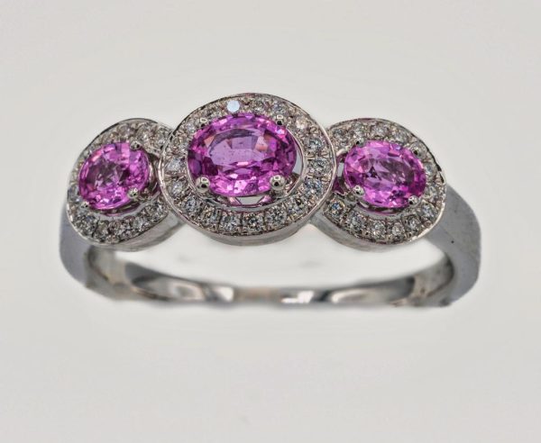 Pink Sapphire and Diamond In Line Ring