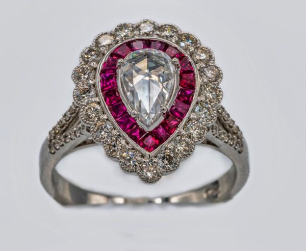 Teardrop Rosecut Diamond and Ruby Ring
