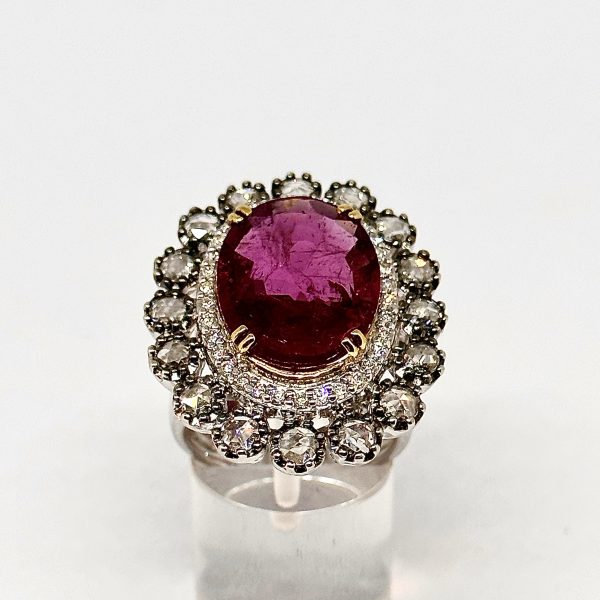 Large Pink Tourmaline and Rose Cut Diamond Ring