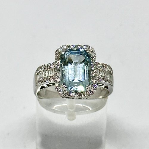 Octagon Cut Aquamarine and Diamond Ring