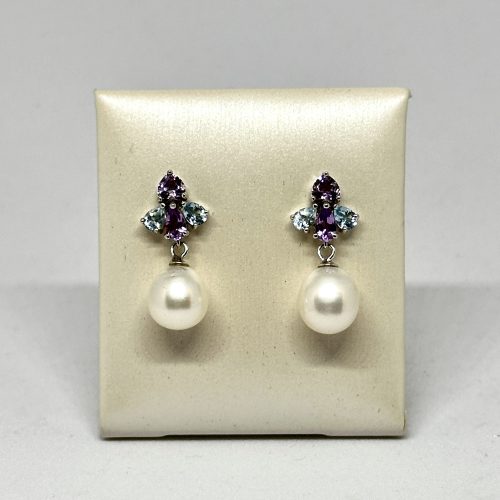 Silver Amethyst Blue Topaz Pearl Earrings